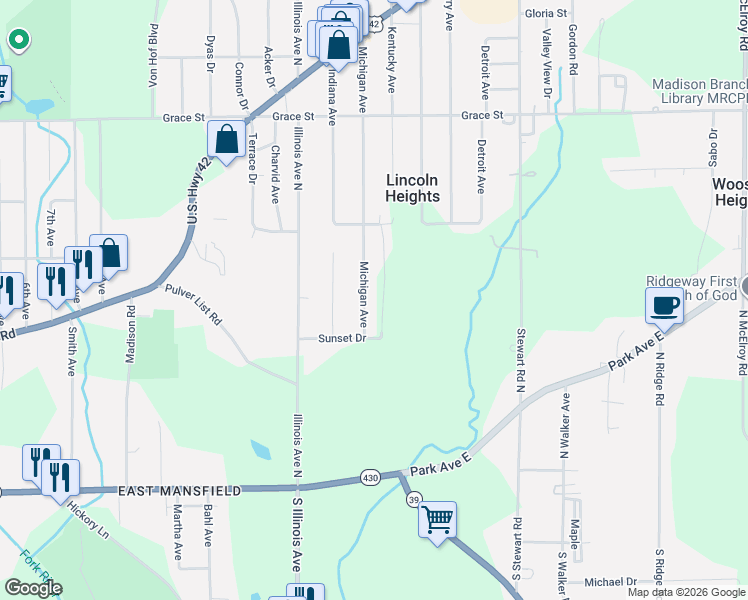 map of restaurants, bars, coffee shops, grocery stores, and more near 228 Lincoln Park Boulevard in Mansfield
