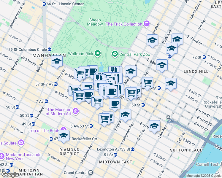 map of restaurants, bars, coffee shops, grocery stores, and more near 781 5th Avenue in New York