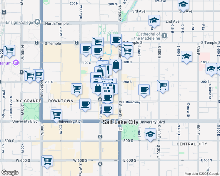 map of restaurants, bars, coffee shops, grocery stores, and more near 50 East 200 South in Salt Lake City