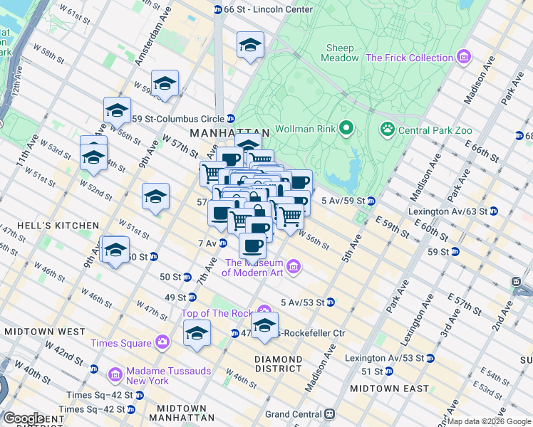 map of restaurants, bars, coffee shops, grocery stores, and more near 156 West 56th Street in New York