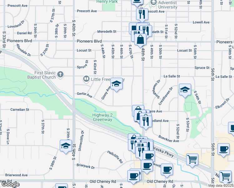 map of restaurants, bars, coffee shops, grocery stores, and more near 4740 South 45th Street in Lincoln