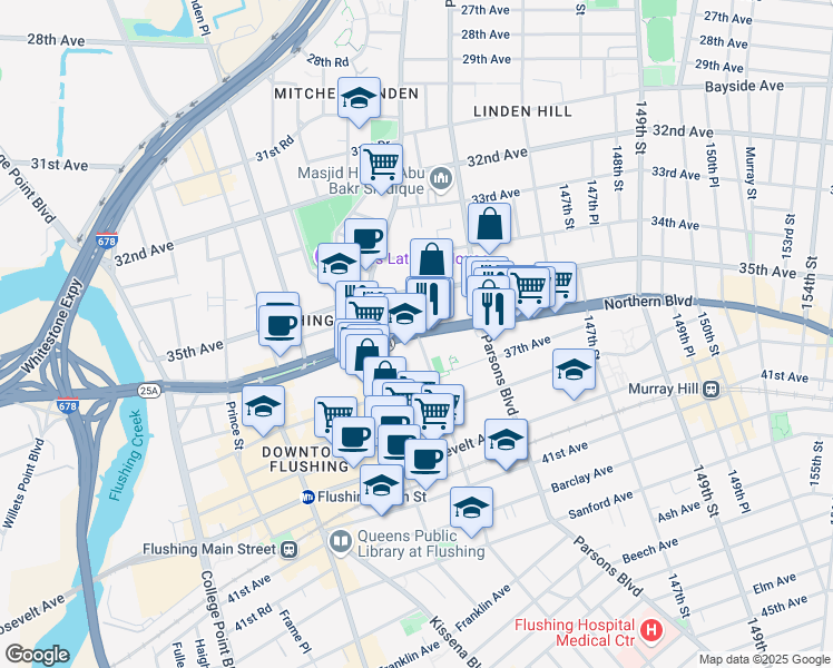 map of restaurants, bars, coffee shops, grocery stores, and more near 37-40 Bowne Street in Queens