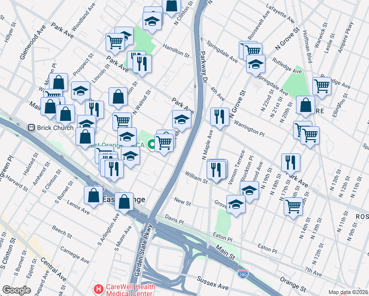 map of restaurants, bars, coffee shops, grocery stores, and more near 196 North Oraton Parkway in East Orange