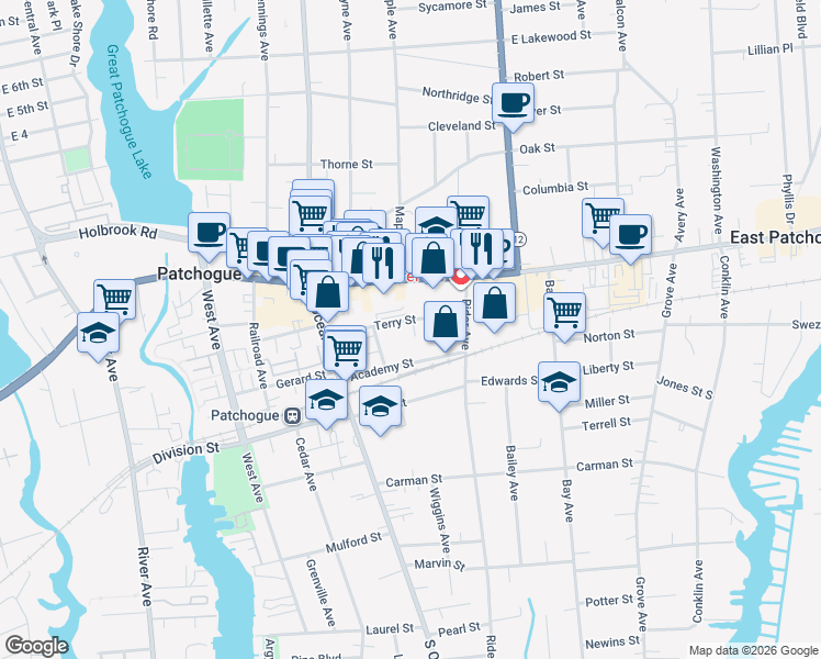map of restaurants, bars, coffee shops, grocery stores, and more near 72 Terry Street in Patchogue