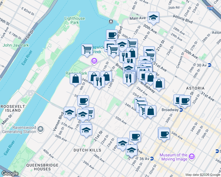map of restaurants, bars, coffee shops, grocery stores, and more near 33-55 14th Street in Queens