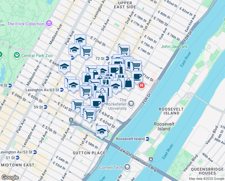 map of restaurants, bars, coffee shops, grocery stores, and more near 400 East 67th Street in New York