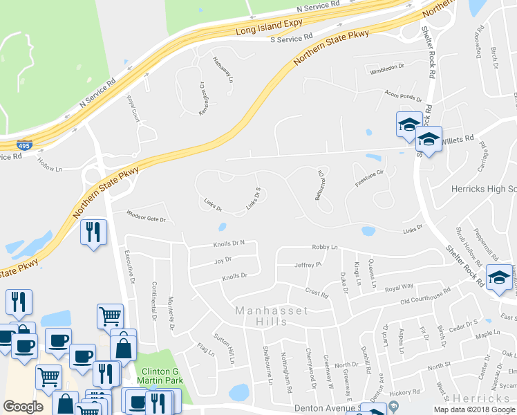map of restaurants, bars, coffee shops, grocery stores, and more near 489 Links Drive South in Roslyn