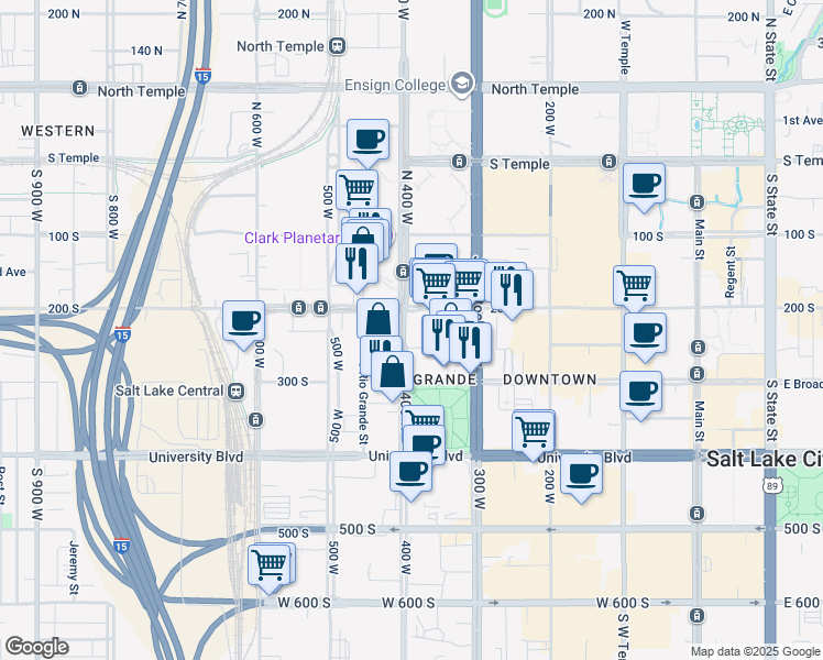 map of restaurants, bars, coffee shops, grocery stores, and more near 346 Pierpont Avenue in Salt Lake City