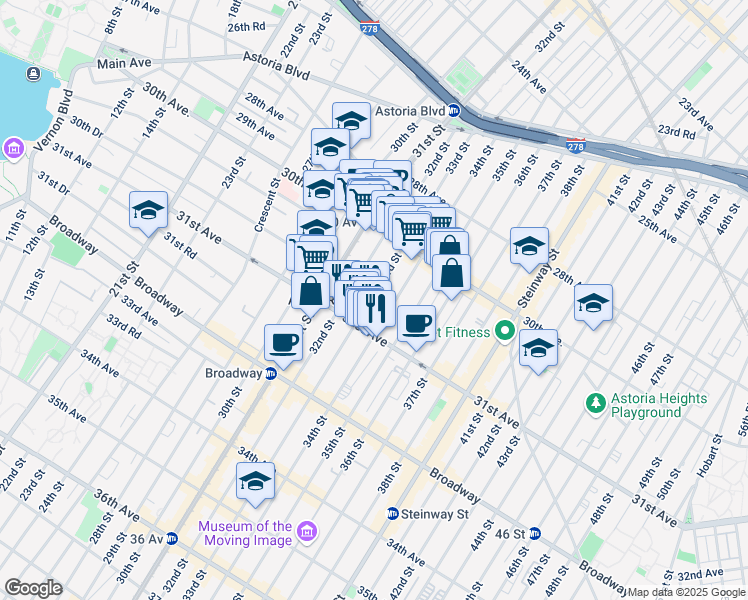 map of restaurants, bars, coffee shops, grocery stores, and more near 30-90 33rd Street in Queens
