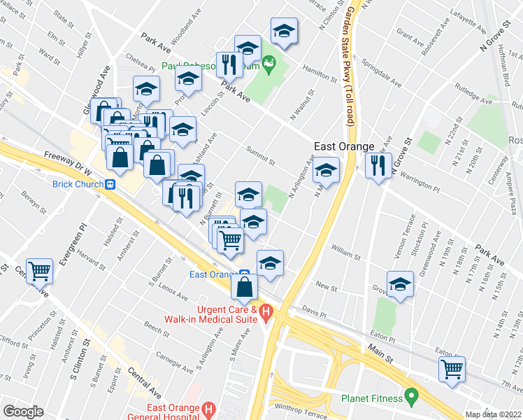 map of restaurants, bars, coffee shops, grocery stores, and more near William Street & Winans Street in East Orange