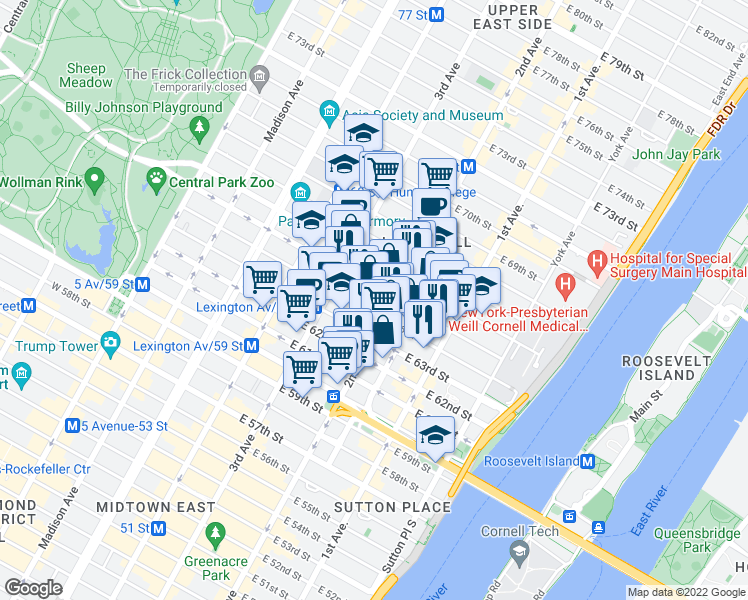 map of restaurants, bars, coffee shops, grocery stores, and more near W 64th St in New York
