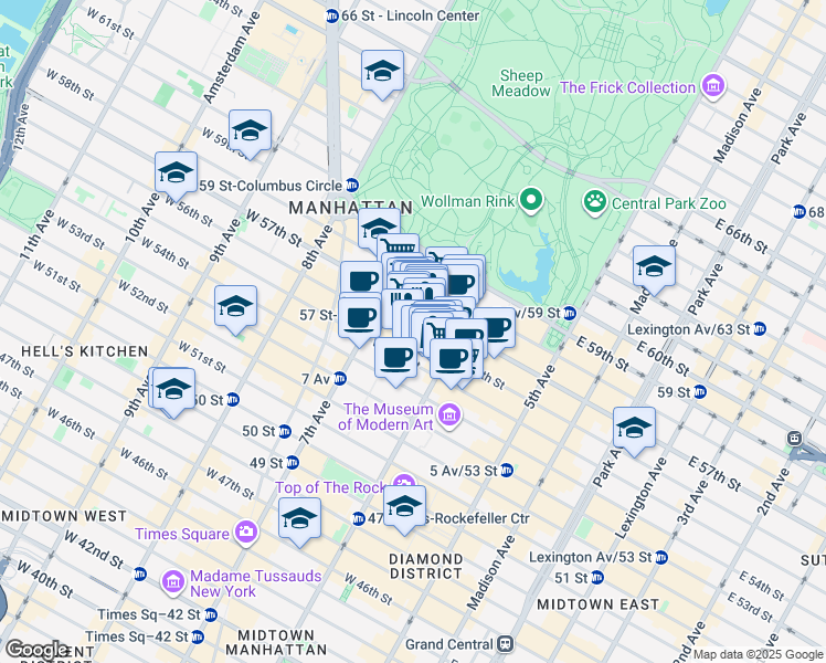 map of restaurants, bars, coffee shops, grocery stores, and more near 117 West 56th Street in New York
