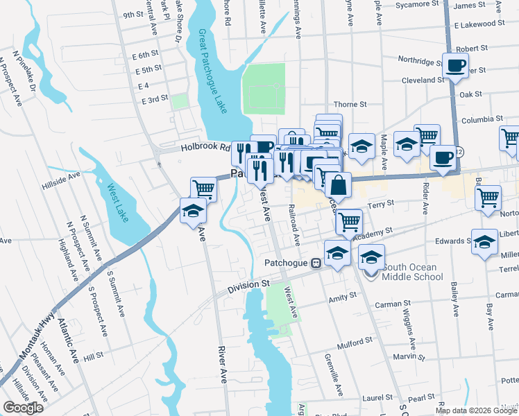 map of restaurants, bars, coffee shops, grocery stores, and more near 3 West Avenue in Patchogue