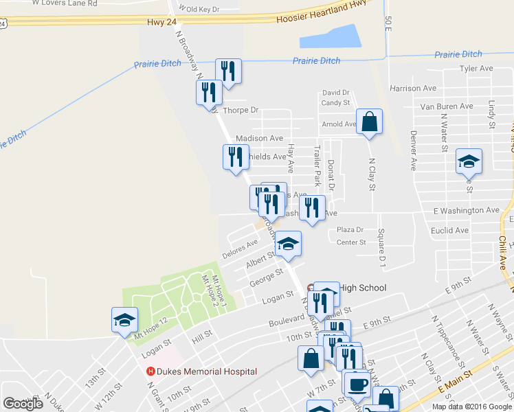 map of restaurants, bars, coffee shops, grocery stores, and more near 98 West Washington Avenue in Peru