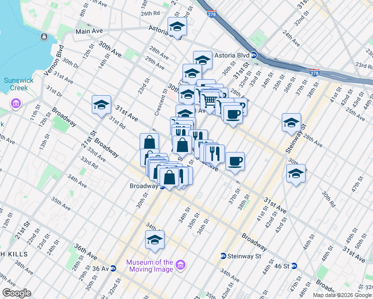 map of restaurants, bars, coffee shops, grocery stores, and more near in Queens
