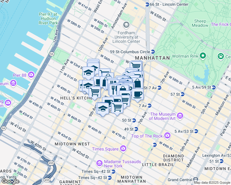 map of restaurants, bars, coffee shops, grocery stores, and more near 329 West 51st Street in New York
