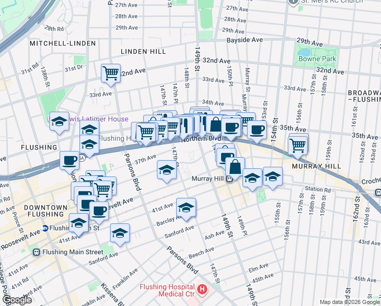 map of restaurants, bars, coffee shops, grocery stores, and more near 147-27 38th Avenue in Queens
