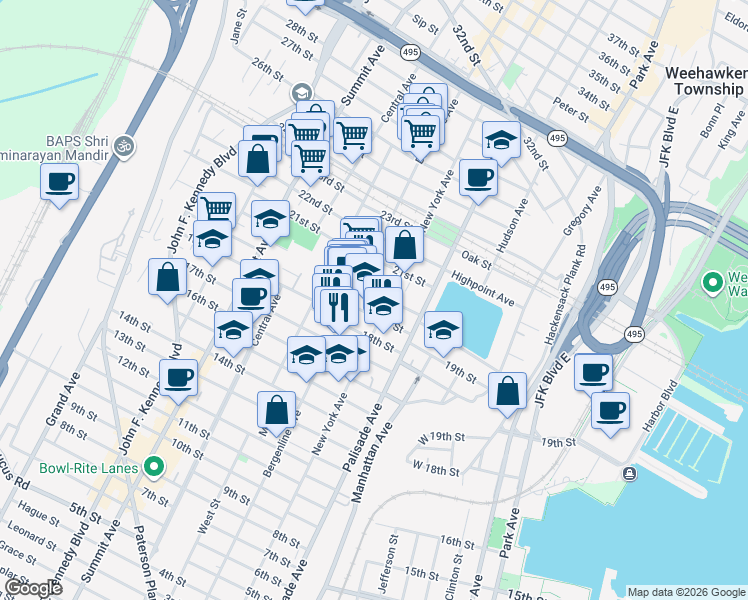 map of restaurants, bars, coffee shops, grocery stores, and more near 412 19th Street in Union City