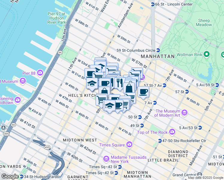 map of restaurants, bars, coffee shops, grocery stores, and more near 772 9th Avenue in New York