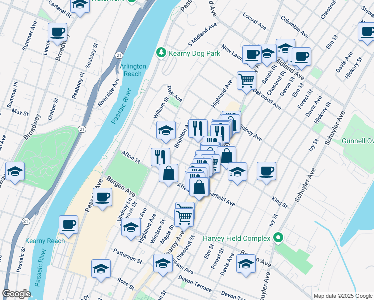 map of restaurants, bars, coffee shops, grocery stores, and more near 175 Windsor Street in Kearny