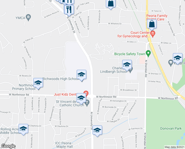 map of restaurants, bars, coffee shops, grocery stores, and more near 6596 North University Street in Peoria