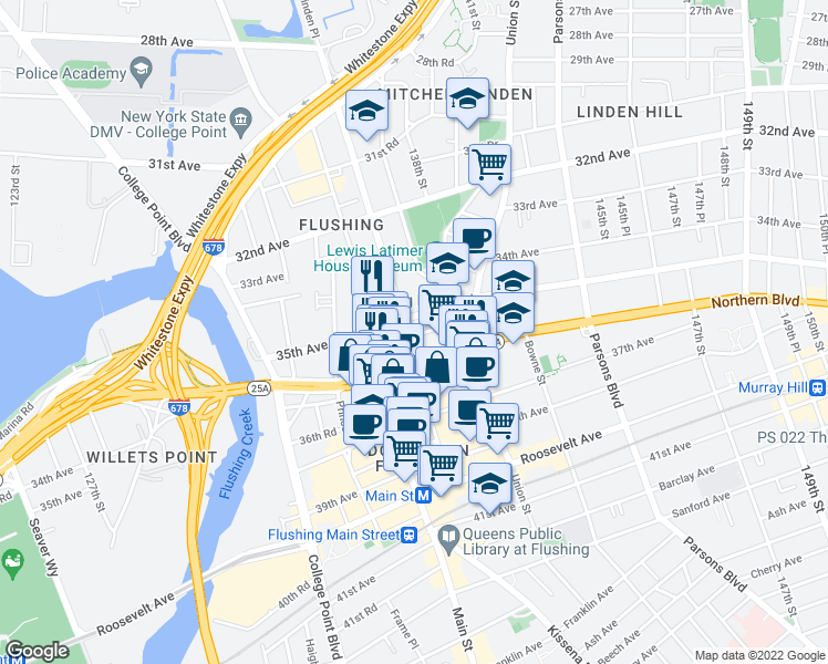 map of restaurants, bars, coffee shops, grocery stores, and more near 35-11 Linden Place in Queens