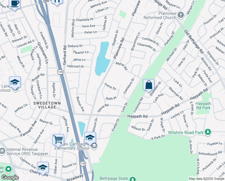 map of restaurants, bars, coffee shops, grocery stores, and more near 1 Toni Ann Circle in Plainview