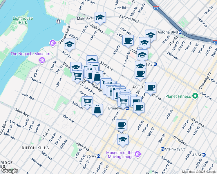 map of restaurants, bars, coffee shops, grocery stores, and more near 23-48 31st Drive in Queens