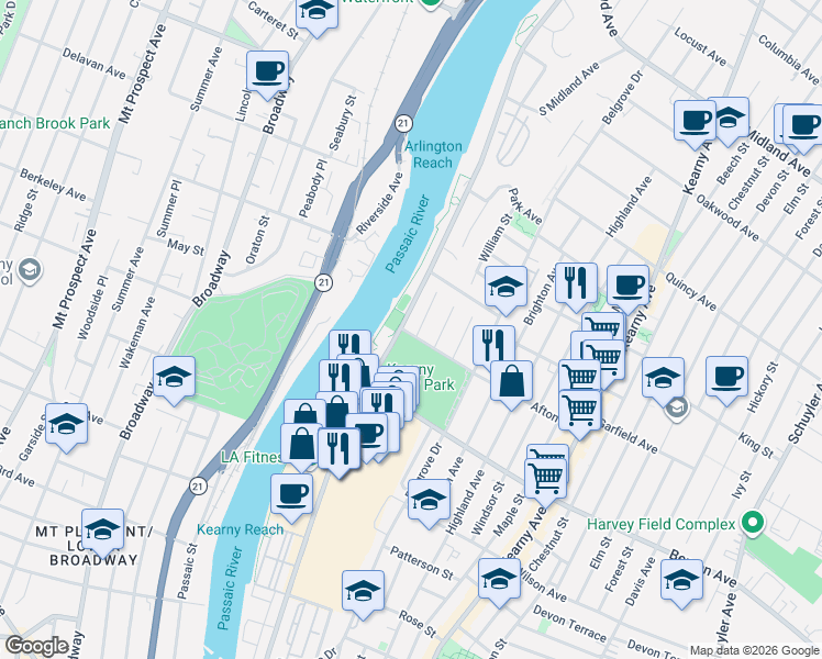 map of restaurants, bars, coffee shops, grocery stores, and more near 277 Passaic Avenue in Kearny