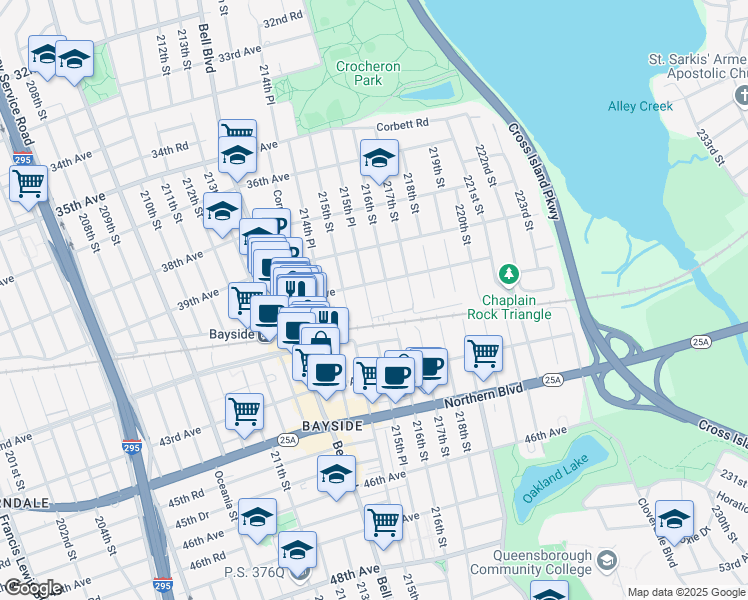 map of restaurants, bars, coffee shops, grocery stores, and more near 40-17 215th Place in Queens