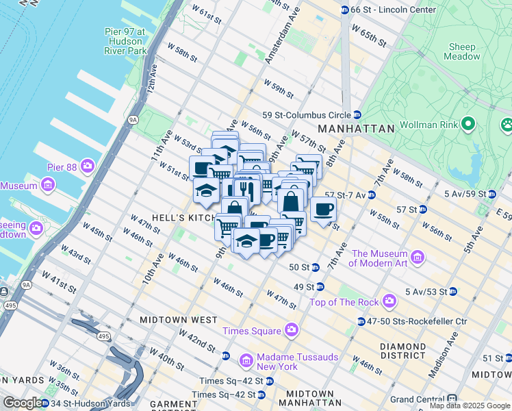 map of restaurants, bars, coffee shops, grocery stores, and more near 360 West 52nd Street in New York