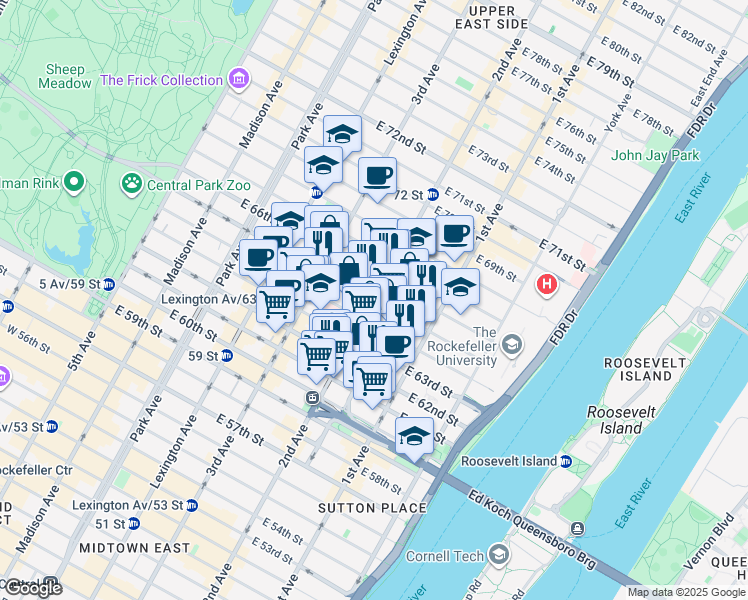 map of restaurants, bars, coffee shops, grocery stores, and more near 2nd Ave & E 65th St in New York
