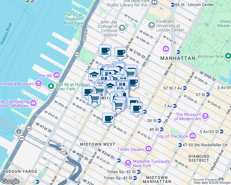 map of restaurants, bars, coffee shops, grocery stores, and more near 439 West 49th Street in New York