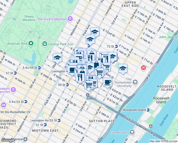 map of restaurants, bars, coffee shops, grocery stores, and more near 200 East 64th Street in New York