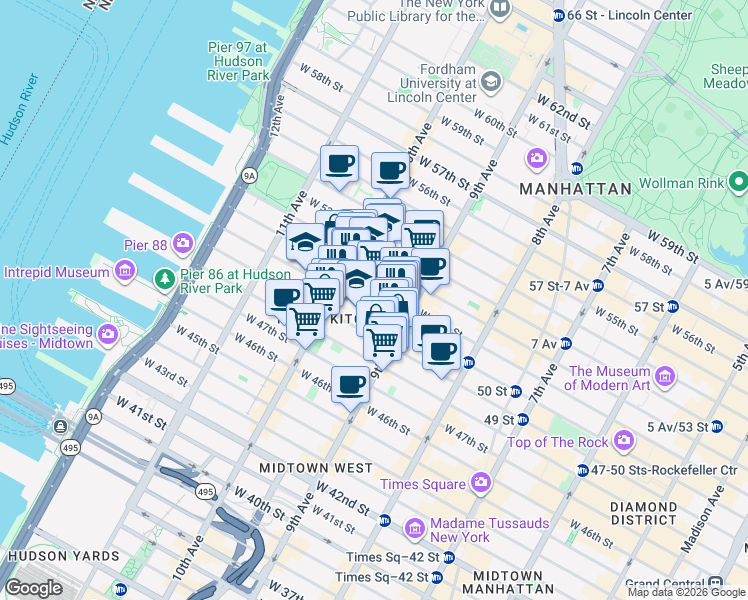 map of restaurants, bars, coffee shops, grocery stores, and more near 425 West 50th Street in New York