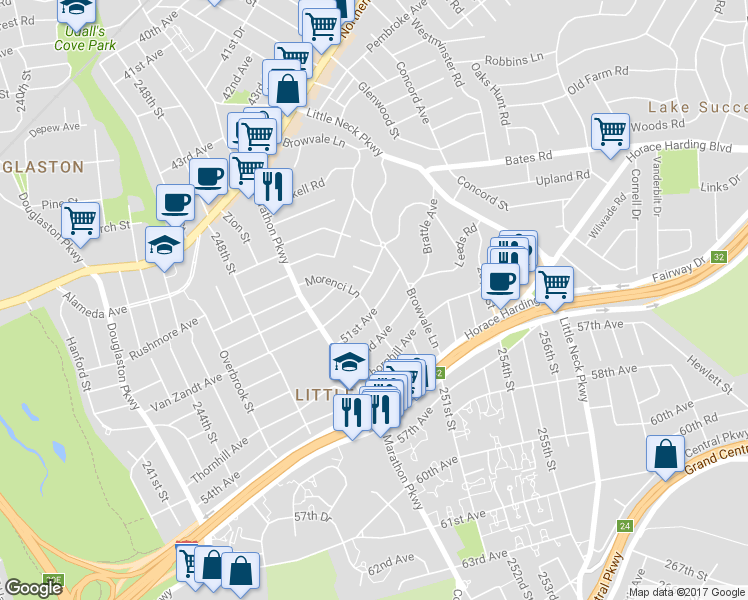 map of restaurants, bars, coffee shops, grocery stores, and more near 251-05 51st Avenue in Queens