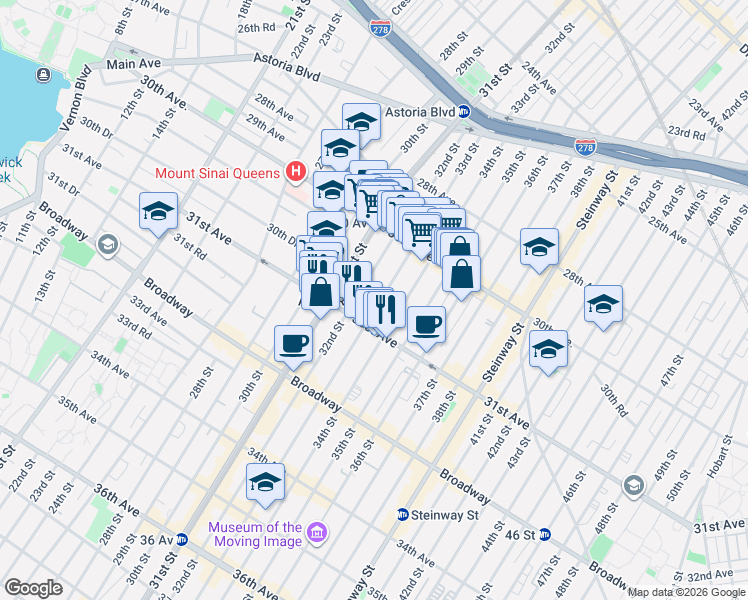 map of restaurants, bars, coffee shops, grocery stores, and more near 30-76 33rd Street in Queens