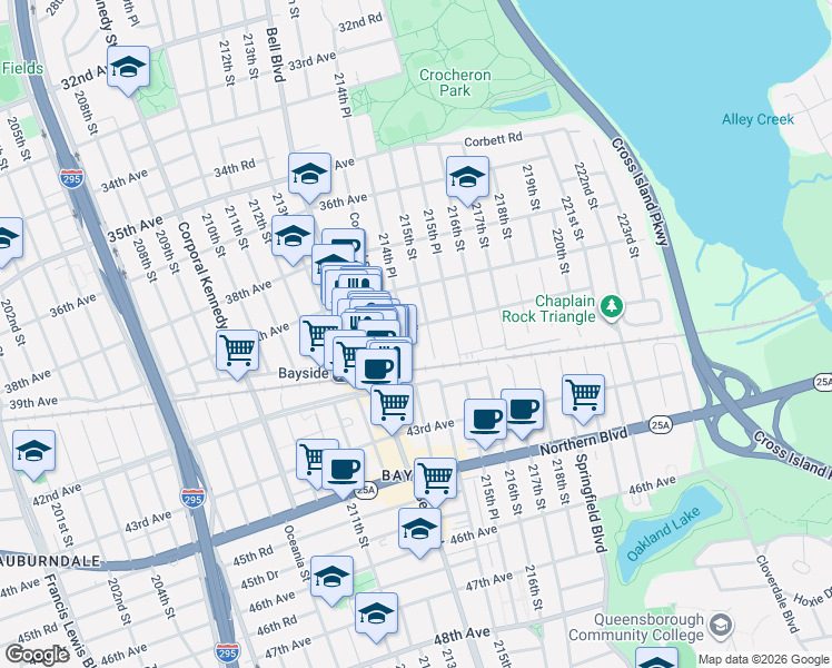 map of restaurants, bars, coffee shops, grocery stores, and more near 40-23 215th Street in Queens