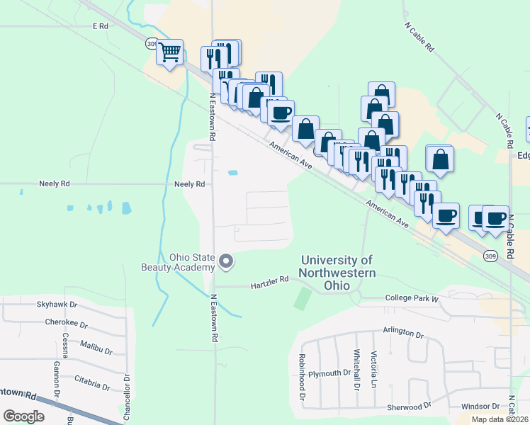 map of restaurants, bars, coffee shops, grocery stores, and more near 77-275 Saddlebrook Dr in Lima