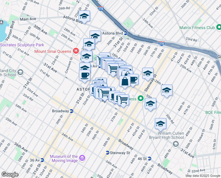 map of restaurants, bars, coffee shops, grocery stores, and more near 30-51 34th Street in Queens