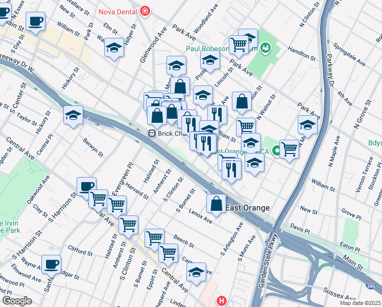 map of restaurants, bars, coffee shops, grocery stores, and more near 12 South Clinton Street in East Orange