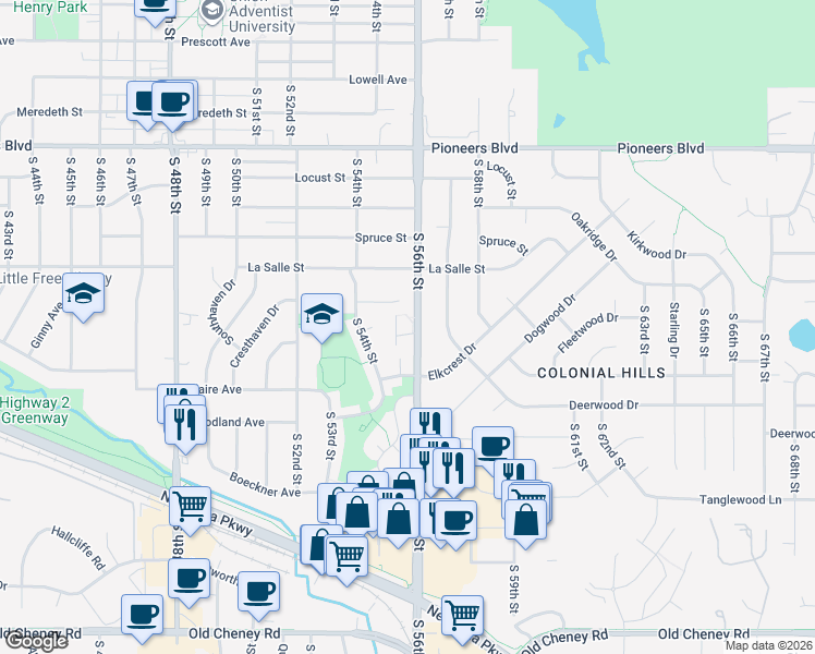 map of restaurants, bars, coffee shops, grocery stores, and more near 5501 Vavak Place in Lincoln