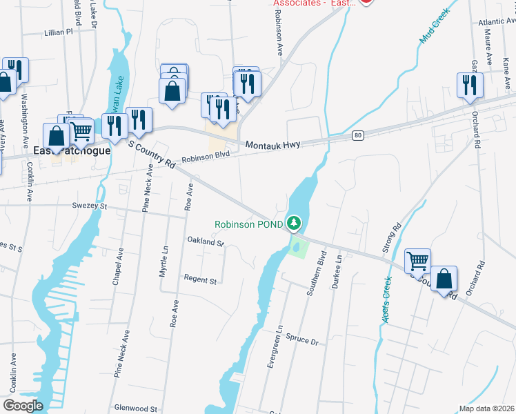 map of restaurants, bars, coffee shops, grocery stores, and more near 191 South Country Road in East Patchogue