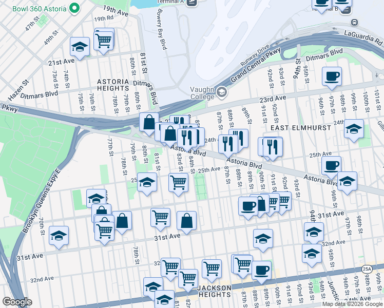 map of restaurants, bars, coffee shops, grocery stores, and more near 24-33 83rd Street in Queens