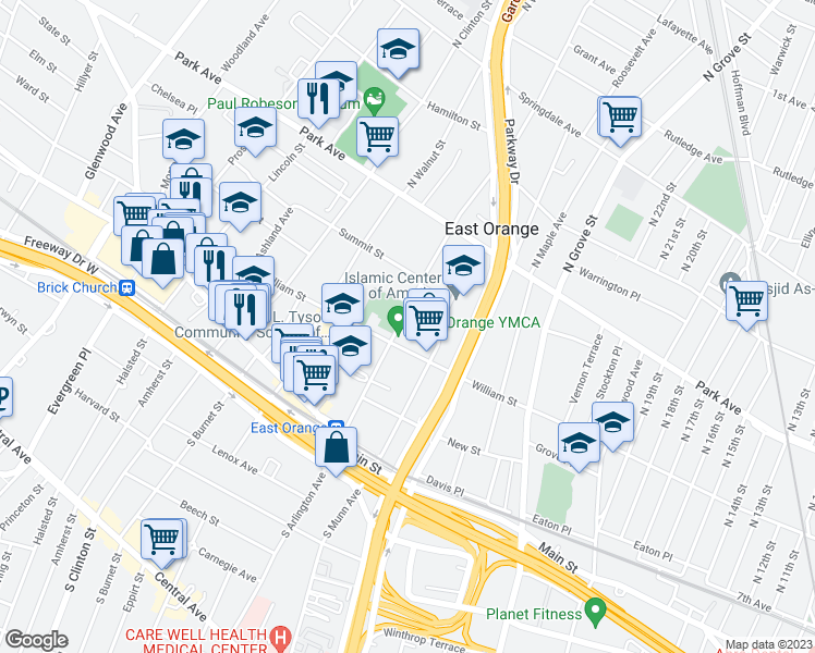 map of restaurants, bars, coffee shops, grocery stores, and more near 106 North Arlington Avenue in East Orange