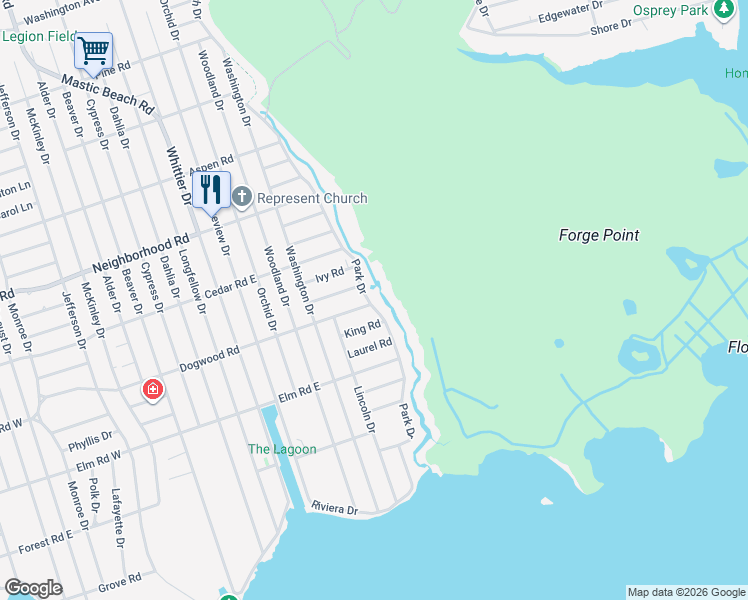 map of restaurants, bars, coffee shops, grocery stores, and more near 1 King Road in Mastic Beach