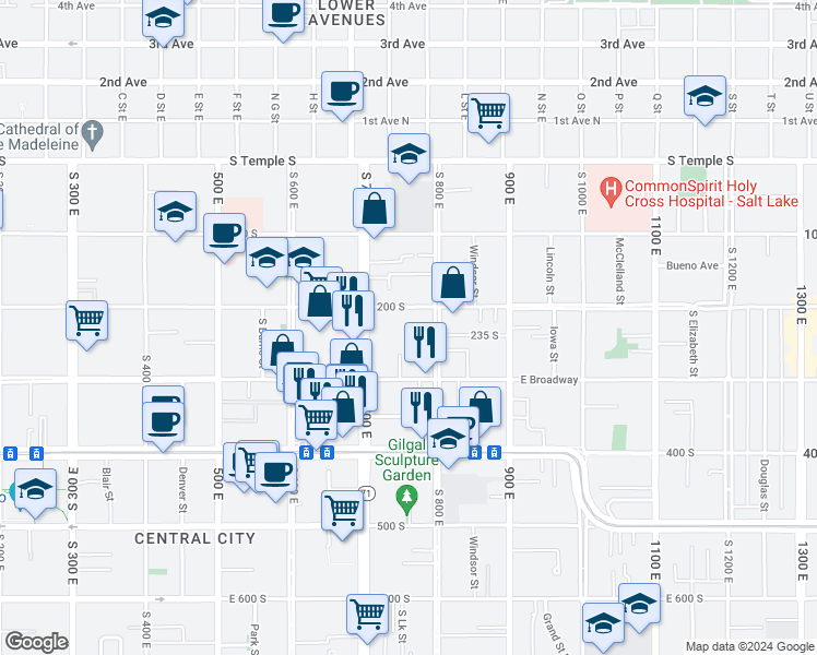 map of restaurants, bars, coffee shops, grocery stores, and more near 732 East 200 South in Salt Lake City