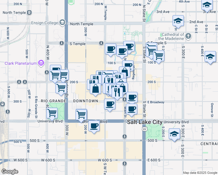 map of restaurants, bars, coffee shops, grocery stores, and more near 206s South West Temple in Salt Lake City