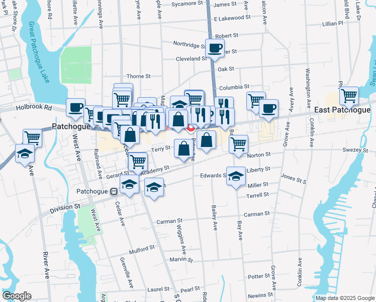 map of restaurants, bars, coffee shops, grocery stores, and more near in Patchogue