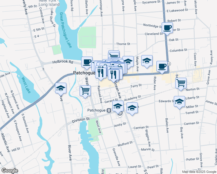 map of restaurants, bars, coffee shops, grocery stores, and more near 20 Church Street in Patchogue